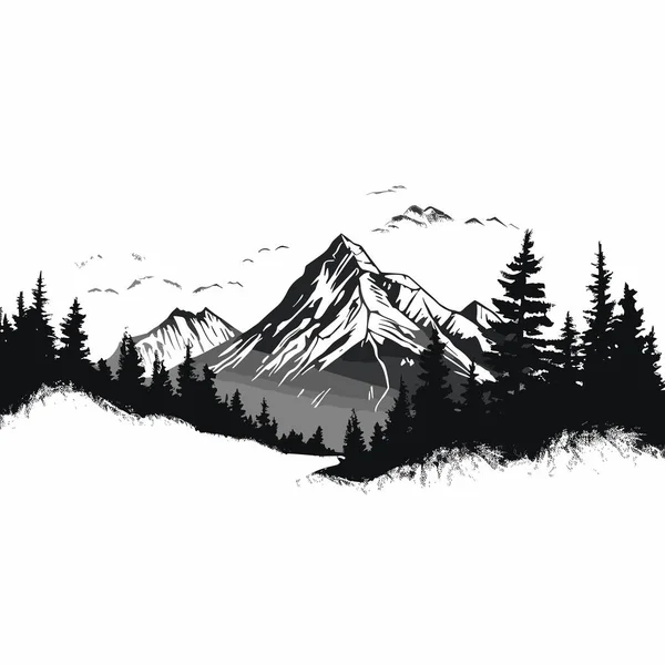 Schwarz Weiße Landschaft Bergpanorama Morgennebel Vektorillustration — Stockvektor