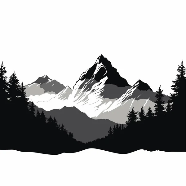 Paysage Noir Blanc Panorama Des Montagnes Matin Brume Illustration Vectorielle — Image vectorielle