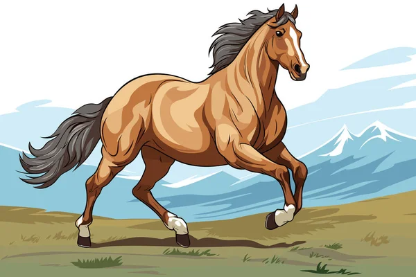 Кінь Біжить Грацією Фоні Гір Векторні Ілюстрації — стоковий вектор