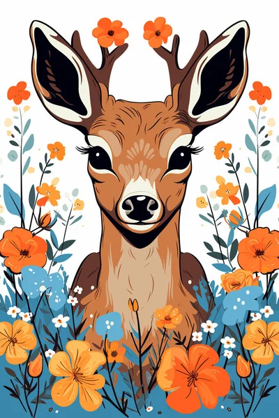 Deer Beautiful Antlers Floral Bouquet Vector Illustration — Stock Vector