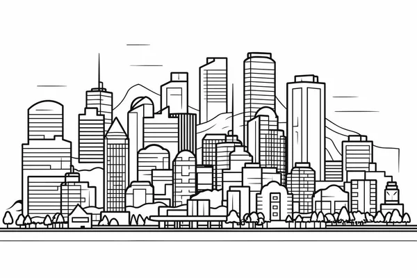 Панорама Города Стиле Тонкой Линии Широкая Горизонтальная Панорама Города Чёрно — стоковый вектор