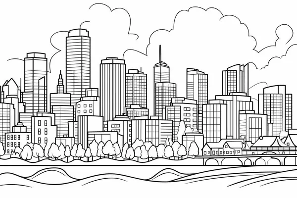 Thin Line Style City Panorama Outline Cityscape Wide Horizontal Panorama — Stock Vector