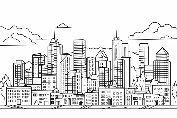 Thin Line Style City Panorama Outline Cityscape Wide Horizontal Panorama — Stock Vector