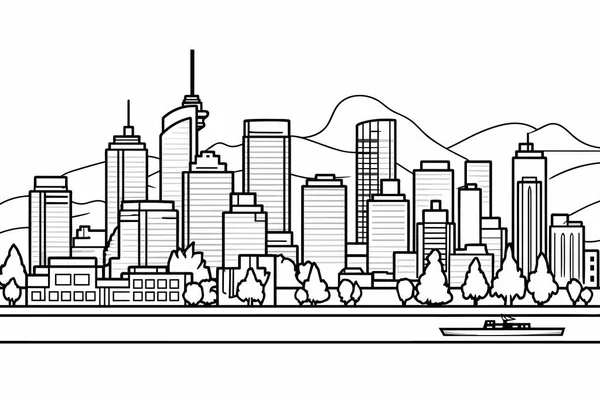 Panorama Města Tenkém Stylu Obrys Města Široké Horizontální Panorama Černobílá — Stockový vektor