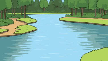 Nehir koylu karikatür manzarası, yeşil ağaçlı nehir yatağı ve nehir kıyıları. Konforlu konum arkaplan vektörü çizimi