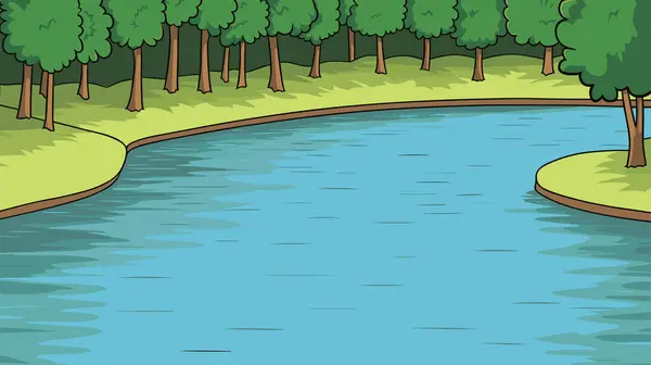 Cartoon Landschaft Mit Flussbucht Wasserfläche Und Flussufern Mit Grünen Bäumen — Stockvektor