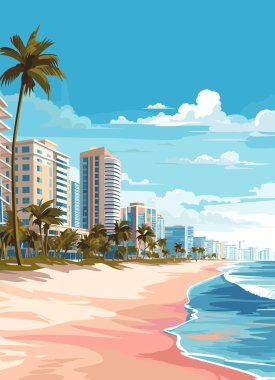 Miami tatil köyü, gün batımında. Yaz şehirleri ve kumlu deniz kıyıları ve palmiye ağaçları, vektör illüstrasyonları