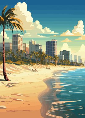 Miami tatil köyü, gün batımında. Yaz şehirleri ve kumlu deniz kıyıları ve palmiye ağaçları, vektör illüstrasyonları
