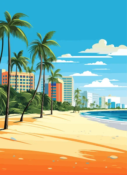 迈阿密度假城日落时分 夏季城市景观和海滨沙滩和棕榈树 病媒图解 — 图库矢量图片