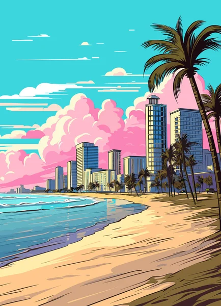 Miami Tatil Köyü Gün Batımında Yaz Şehirleri Kumlu Deniz Kıyıları — Stok Vektör