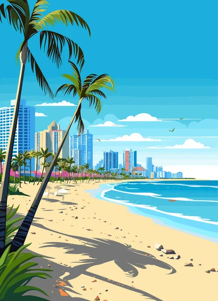 Miami Resort City Sunset Summer Cityscape Sea Shore Sand Beach — Stock Vector