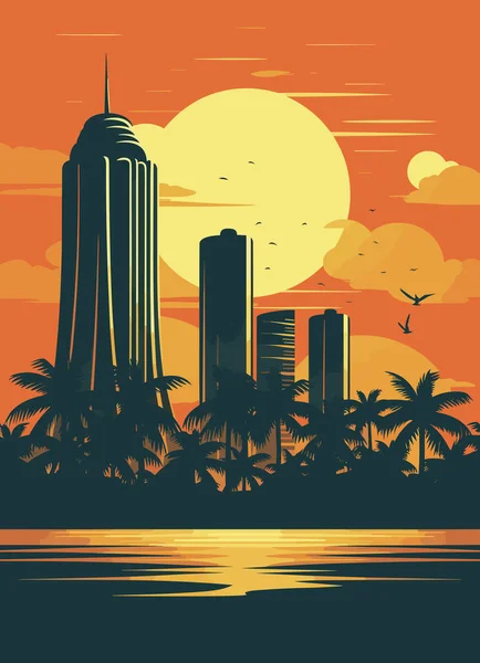 迈阿密度假城日落时分 夏季城市景观和海滨沙滩和棕榈树 病媒图解 — 图库矢量图片