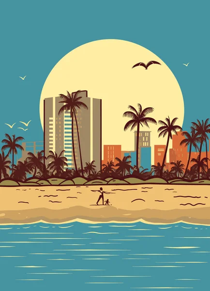Ciudad Turística Miami Atardecer Paisaje Urbano Verano Orilla Del Mar — Archivo Imágenes Vectoriales