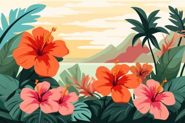 Hibiscus Çiçekleri ve Hawaii 'den gelen tropik yapraklar. Tropik vektör çizimi. Güneşli yaz günü