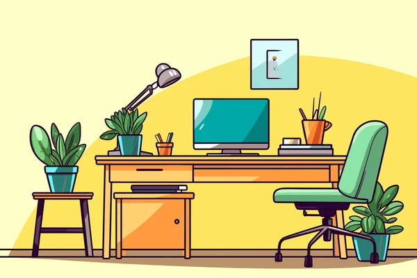 Άνετο Χώρο Εργασίας Σπίτι Εσωτερική Διανυσματική Απεικόνιση Τραπέζι Υπολογιστής Οθόνη — Διανυσματικό Αρχείο