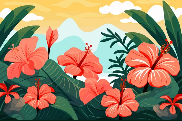 Hibisco Flores Folhas Tropicais Fundo Havaí Ilustração Vetor Tropical Dia —  Vetores de Stock