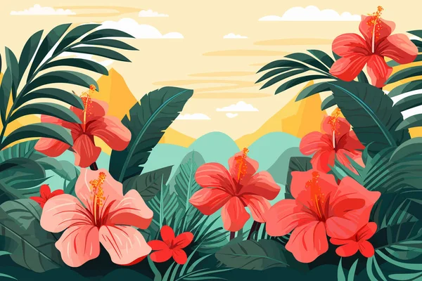 Цветы Гибискуса Тропические Листья Фон Гавайев Тропическая Векторная Иллюстрация Солнечный — стоковый вектор