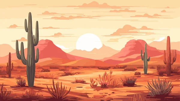 Wüstensandlandschaft Mit Kakteen Sonnenuntergang Wüste Dünen Vektor Hintergrund — Stockvektor