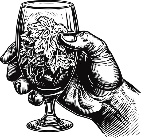 Чоловіча Рука Тримає Склянку Алкогольного Напою Малюнок Вручну Урожай Гравірування — стоковий вектор