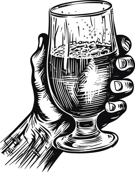 Mão Masculina Segurando Copo Bebida Alcoólica Desenho Desenhado Mão Gravura —  Vetores de Stock