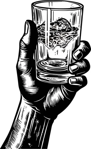 男性的手拿着一杯酒精饮料 手绘设计 复古版画风格的绘画 矢量说明 — 图库矢量图片