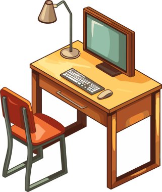 Bilgisayar ve lambalı ofis masası. Modern iş yeri. Ev çalışma masası. Vektör illüstrasyonu