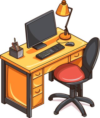 Bilgisayar ve lambalı ofis masası. Modern iş yeri. Ev çalışma masası. Vektör illüstrasyonu