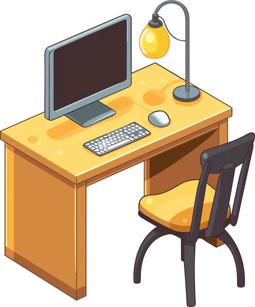 Meja Kantor Dengan Komputer Dan Lampu Tempat Kerja Bisnis Modern - Stok Vektor