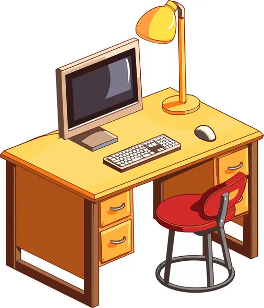 有电脑和灯的写字台 现代商业工作场所 家庭工作台 矢量说明 — 图库矢量图片