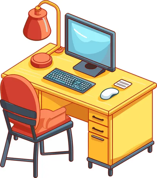 Kontorsbord Med Dator Och Lampa Modern Arbetsplats Hemarbetsbord Vektorillustration — Stock vektor