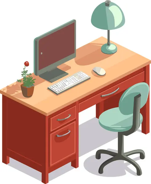 Escritorio Oficina Con Ordenador Lámpara Moderno Lugar Trabajo Mesa Trabajo — Archivo Imágenes Vectoriales