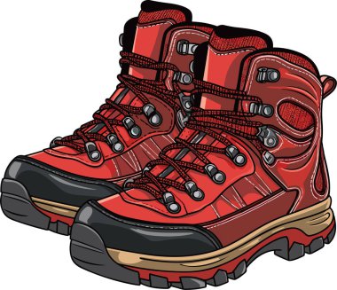 Modern hiking or tracking red boots with laces. Colored vector illustration, trendy trecking shoes isolated on white background clipart