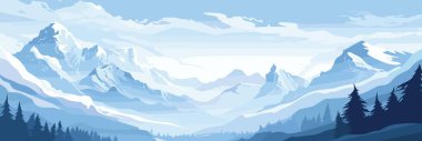 Mountain range with snowed peaks silhouette vector illustration. Sunrise and sunset in mountains clipart