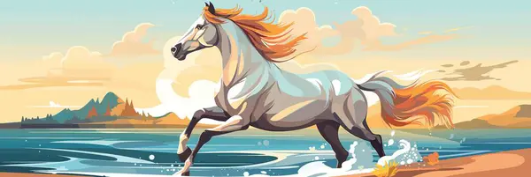 Берегу Моря Скачет Свободная Лошадь Солнечный Закат Красивая Элегантная Лошадь — стоковый вектор