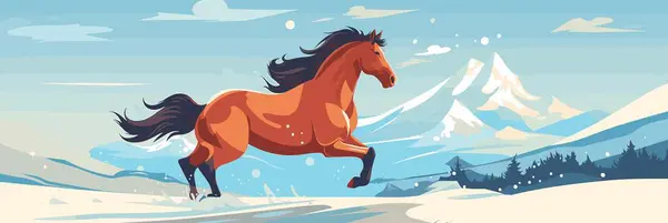 Лошадь Трепещущей Гривой Свободно Скачет Заснеженной Равнине Векторная Иллюстрация — стоковый вектор