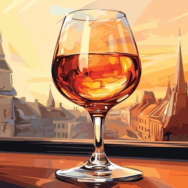Verre Cognac Sur Table Sur Fond Vieille Ville Illustration Vectorielle — Image vectorielle