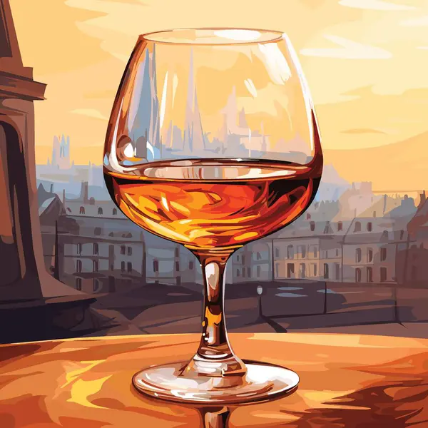 Verre Cognac Sur Table Sur Fond Vieille Ville Illustration Vectorielle — Image vectorielle