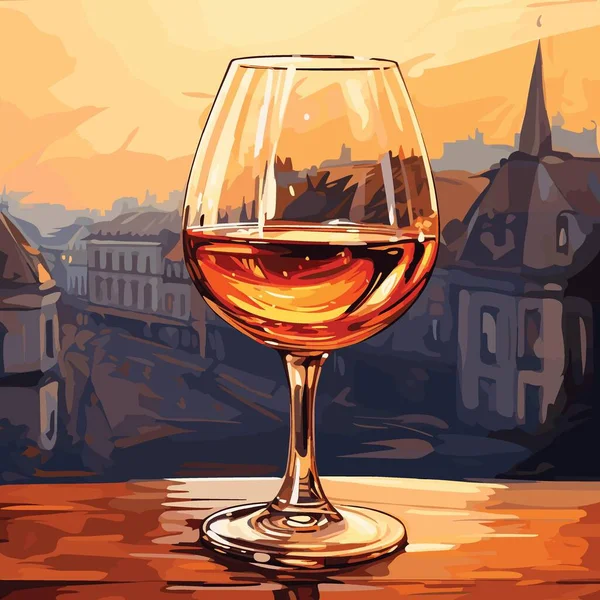 Een Glas Cognac Tafel Achtergrond Van Oude Stad Vectorillustratie — Stockvector