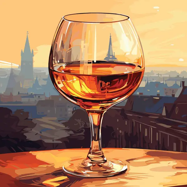 Bicchiere Cognac Sul Tavolo Sullo Sfondo Della Città Vecchia Illustrazione — Vettoriale Stock