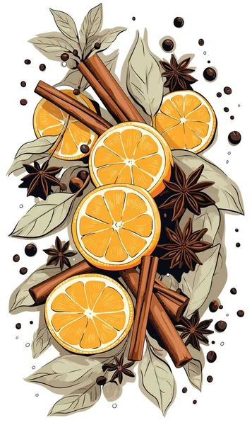 Orange Star Anise Cinnamon Vector Background Illustration — Stock Vector