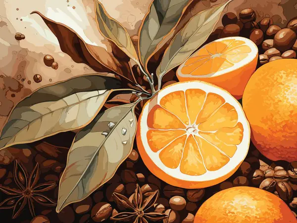 Абстрактная Векторная Иллюстрация Акварельном Стиле Кофе Анисовыми Звездами Оранжевым Листьями — стоковый вектор