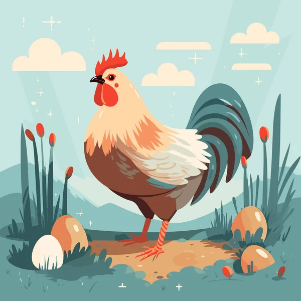 Cartoon Chicken Few Eggs Farm Domestic Hen Yard Vector Illustration — Stock Vector
