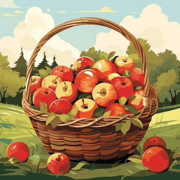 Korgen Full Mogna Äpplen Färsk Frukt Ekologisk Hälsosam Mat Vektorillustration — Stock vektor