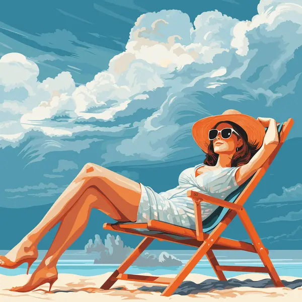 年轻女子戴着宽边帽 戴着太阳镜 坐在太阳椅上度假 晒日光浴 放暑假的趣味图 — 图库矢量图片