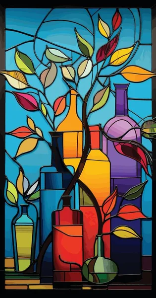 Abstrakte Vektorillustration Glasmalerei Stil Von Mehrfarbigen Flaschen Und Zweigen Mit — Stockvektor