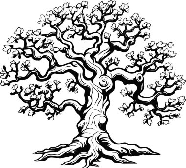 Meşe Ağacı Vektör Logo Şablonu Çizim Tasarımı. Tarafsız arkaplanda siyah çizim