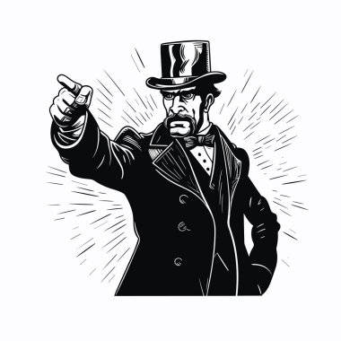 Klasik şapkalı adam parmağıyla tehditkar bir şekilde işaret ediyor. Vector siyah vintage oymalı resim, saldırganlık