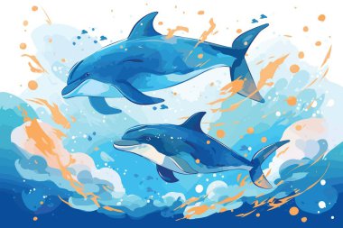 Dolphins jump in sea waves. Two dolphins playing and splashing on sea water surface, vector illustration clipart