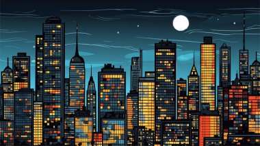 Gece şehir vektörü. Karanlık şehir manzarası gökdelenleri panorama