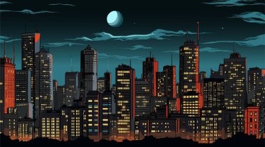 Gece şehir vektörü. Karanlık şehir manzarası gökdelenleri panorama